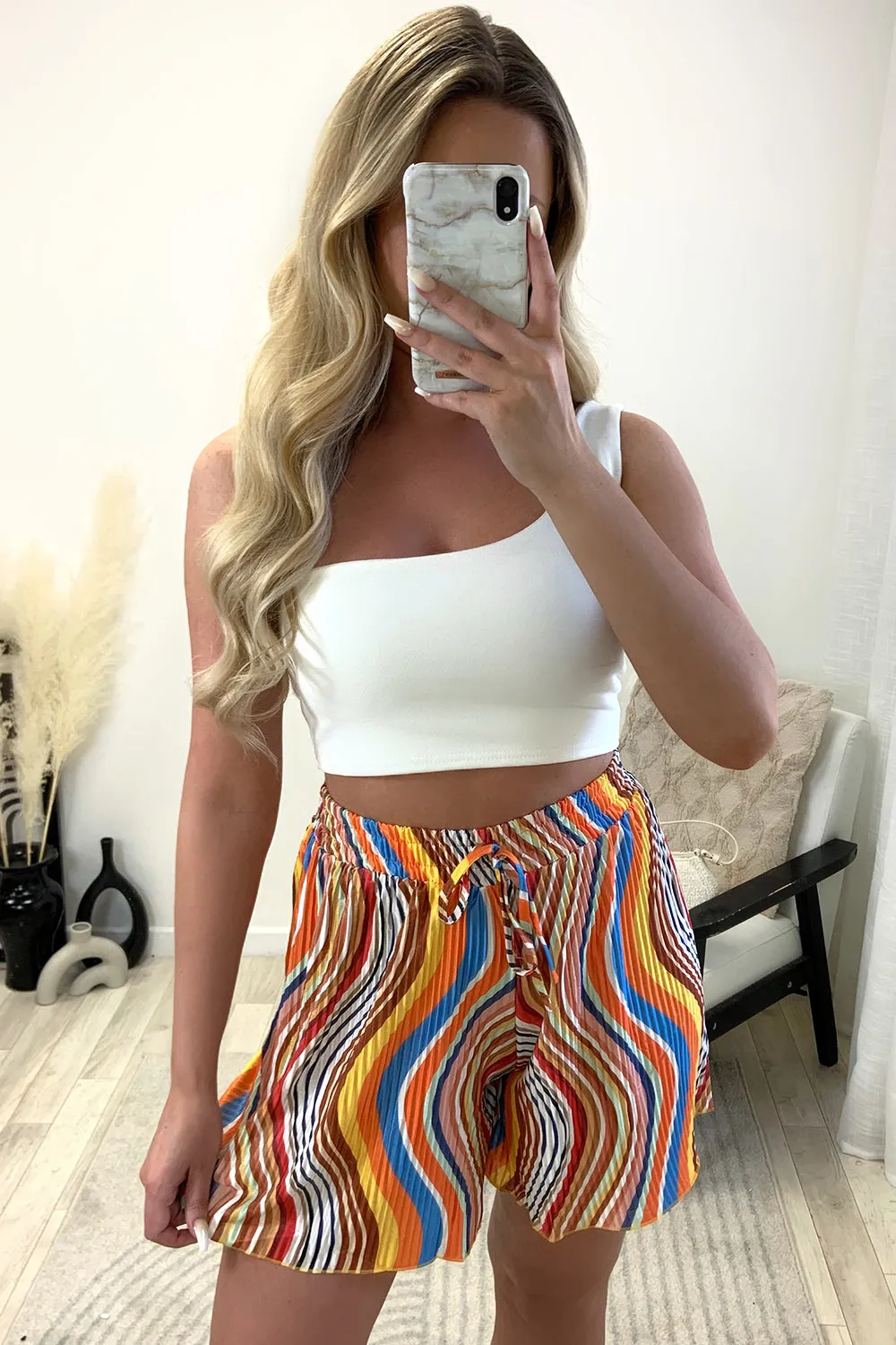 Evelyn Orange Multi Plisse Patterned Floaty Shorts