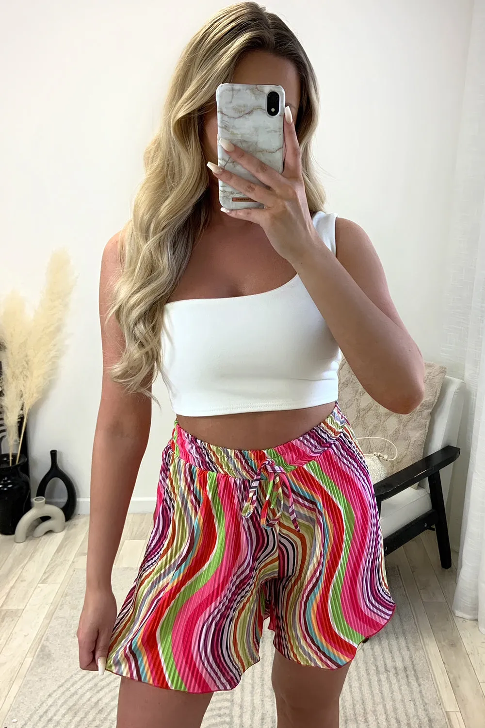 Evelyn Pink Multi Plisse Patterned Floaty Shorts