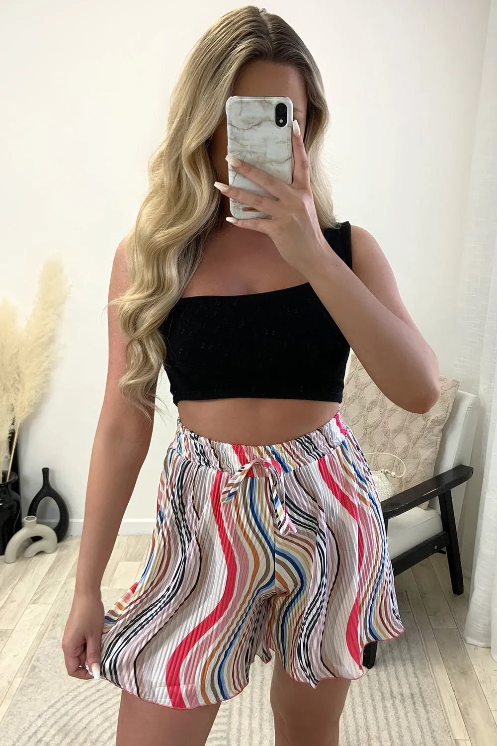 Evelyn White Multi Plisse Patterned Floaty Shorts