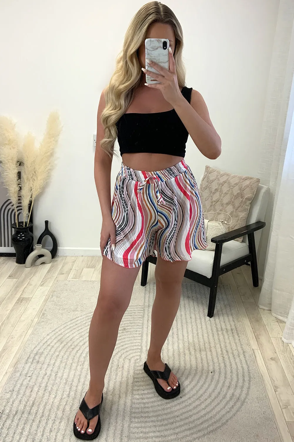 Evelyn White Multi Plisse Patterned Floaty Shorts