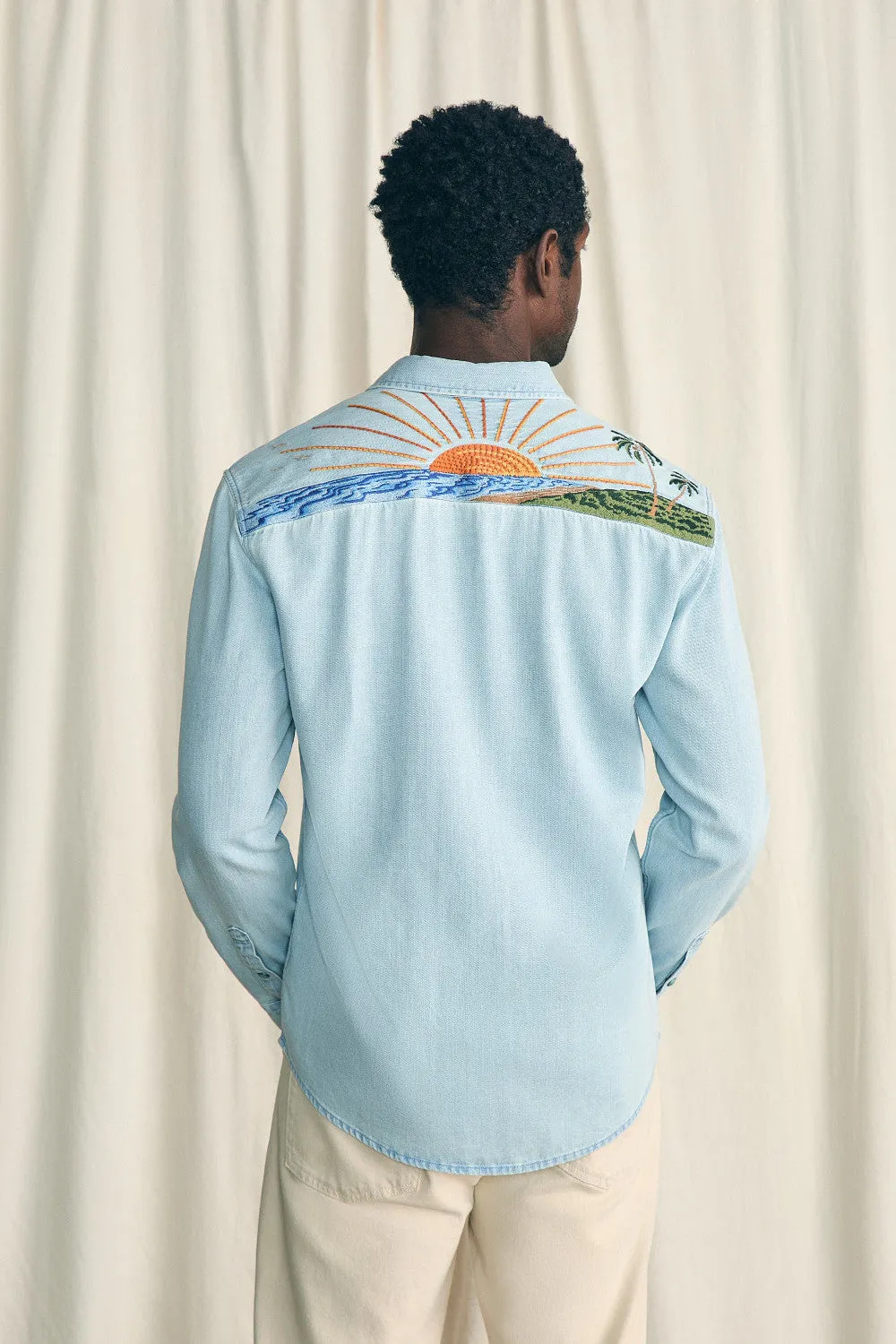 Faherty Sun & Waves Embroidered Shirt in Sunset Sky