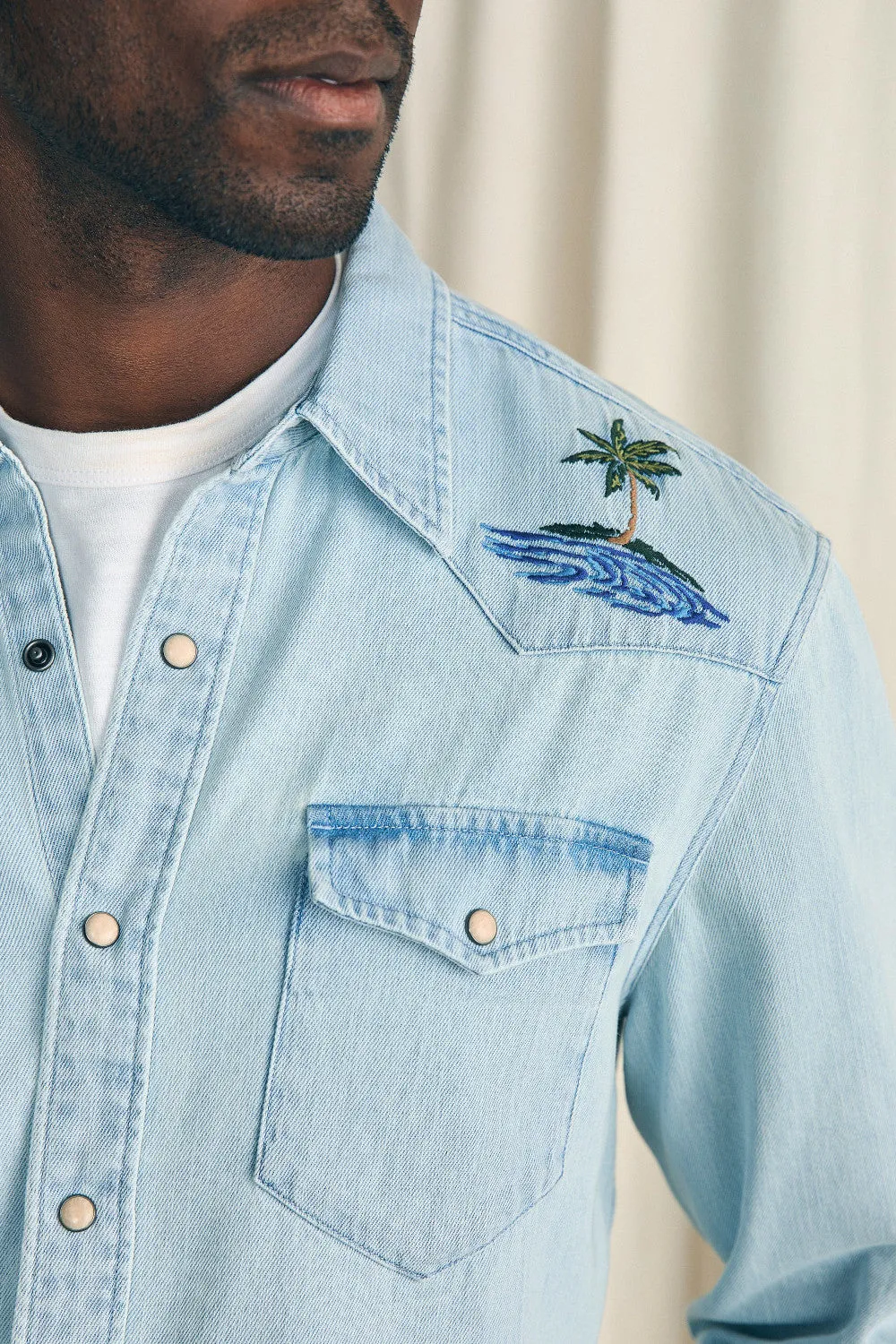 Faherty Sun & Waves Embroidered Shirt in Sunset Sky