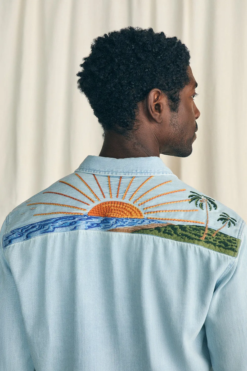 Faherty Sun & Waves Embroidered Shirt in Sunset Sky