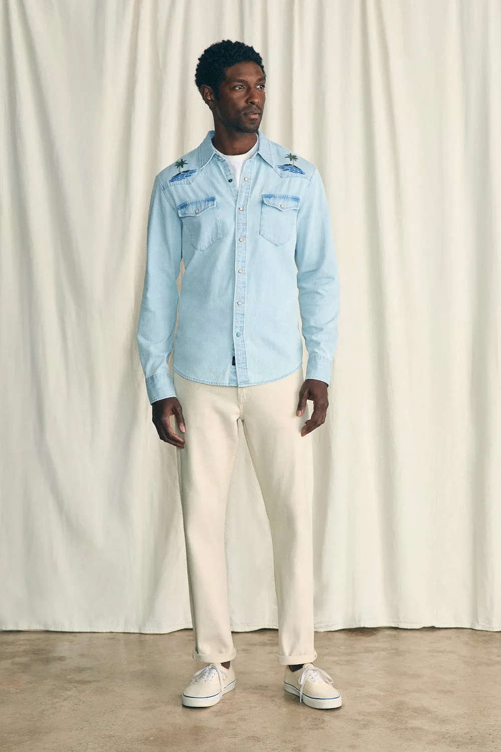 Faherty Sun & Waves Embroidered Shirt in Sunset Sky