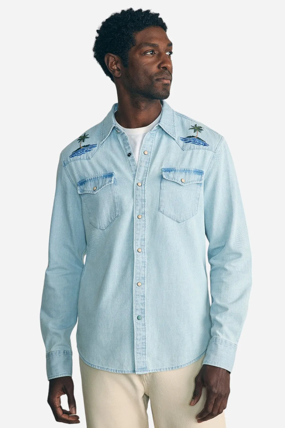 Faherty Sun & Waves Embroidered Shirt in Sunset Sky