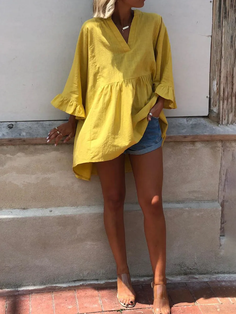 Fashion Casual Solid Color V-neck Ruffled-Sleeve T-shirt