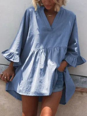 Fashion Casual Solid Color V-neck Ruffled-Sleeve T-shirt