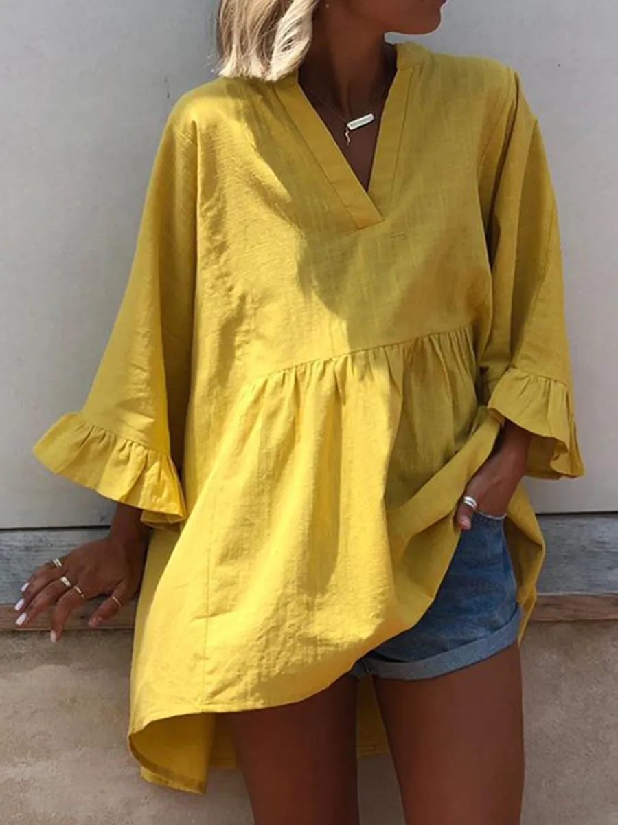 Fashion Casual Solid Color V-neck Ruffled-Sleeve T-shirt