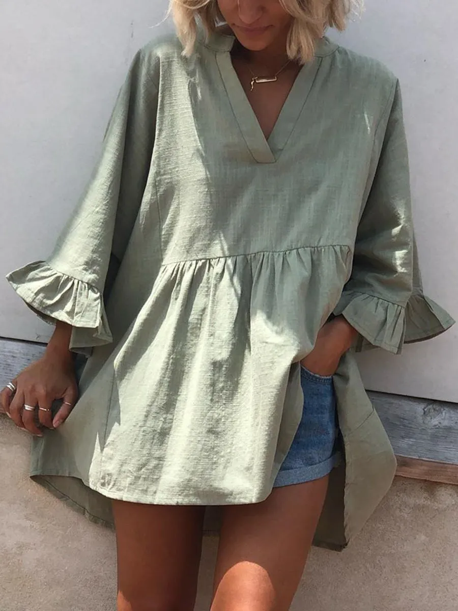 Fashion Casual Solid Color V-neck Ruffled-Sleeve T-shirt