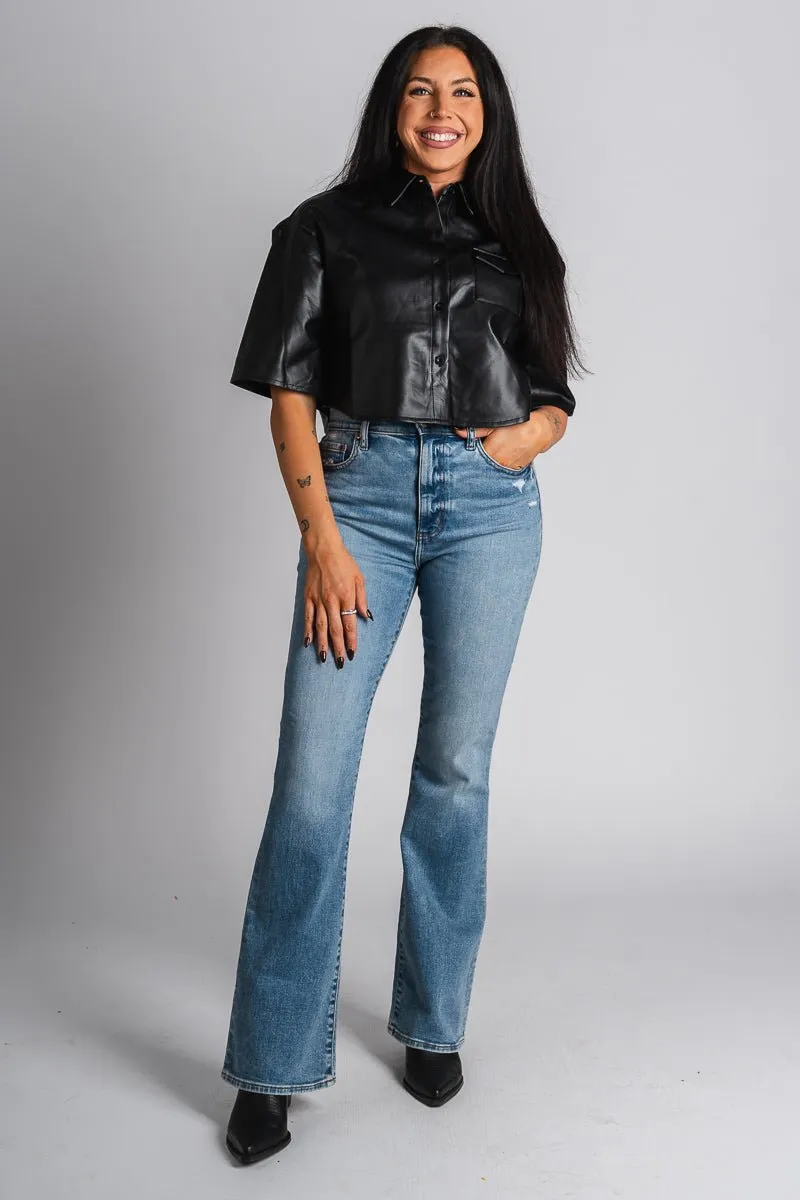 Faux leather short sleeve top black