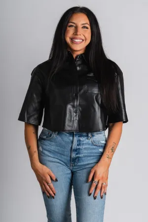 Faux leather short sleeve top black