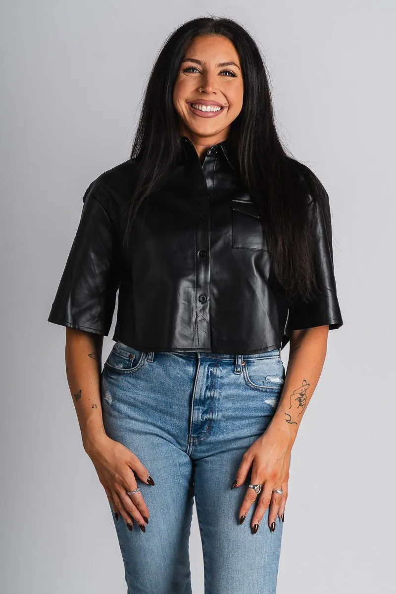 Faux leather short sleeve top black
