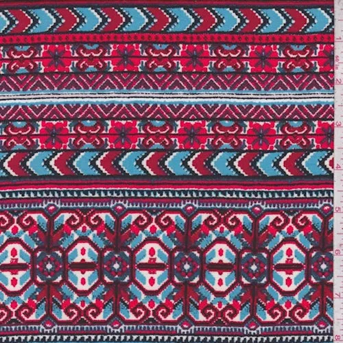Fire Red/Sky Blue Deco Stripe Rayon Challis Fabric
