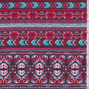 Fire Red/Sky Blue Deco Stripe Rayon Challis Fabric