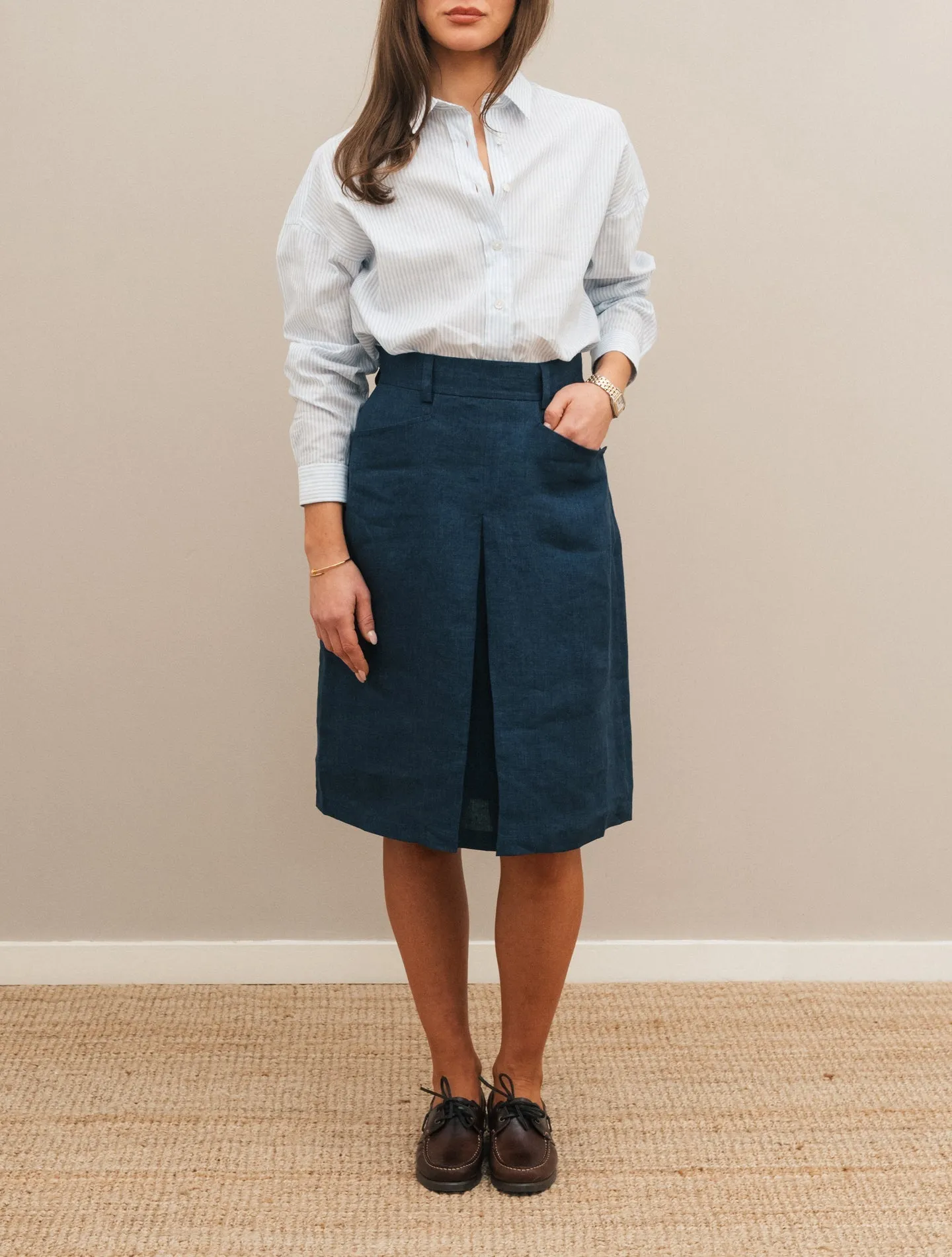 Flared Linen Skirt Navy