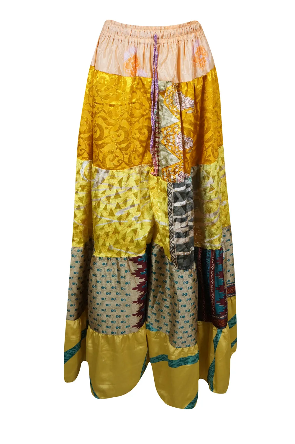 Flared Maxi Skirt in Honey Yellow Floral Patchwork Boho Hippie Maxi Skirt in S/M/L