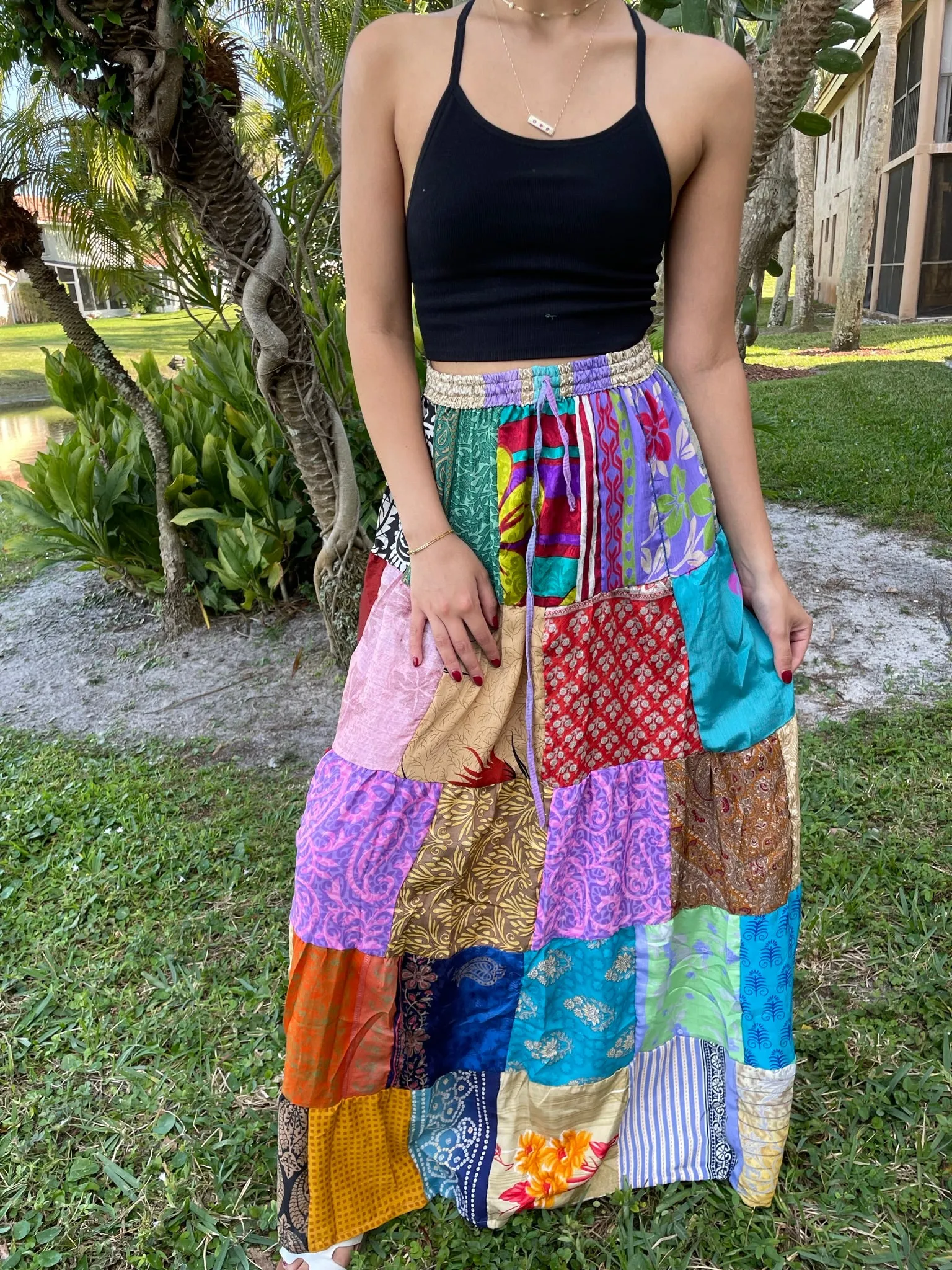 Flared Maxi Skirt in Honey Yellow Floral Patchwork Boho Hippie Maxi Skirt in S/M/L