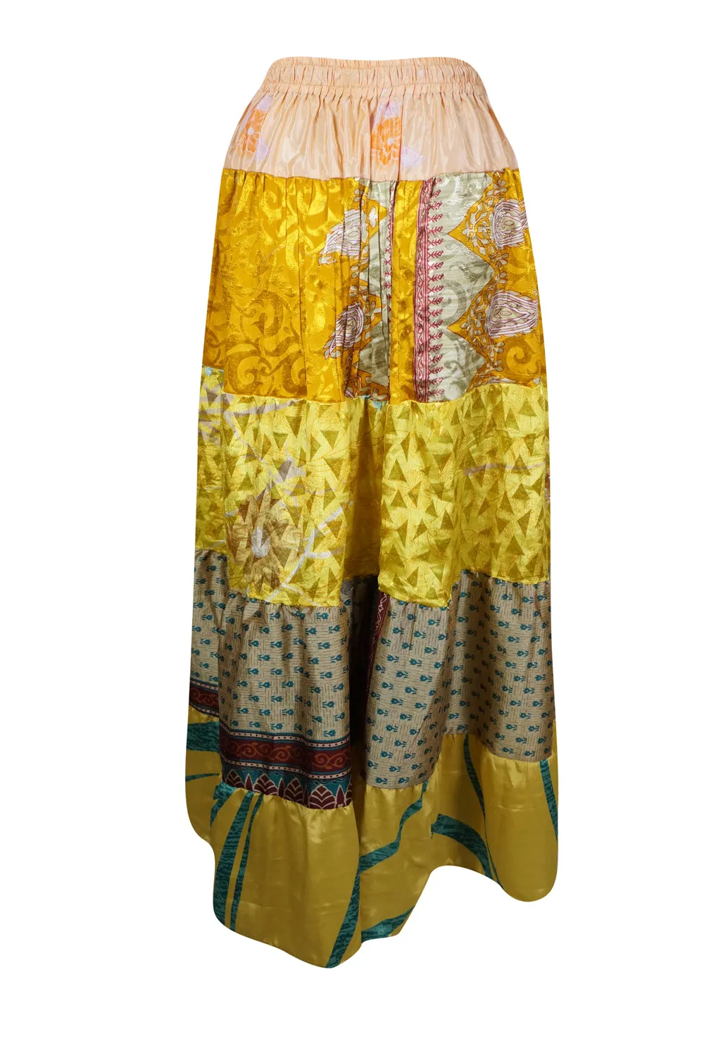 Flared Maxi Skirt in Honey Yellow Floral Patchwork Boho Hippie Maxi Skirt in S/M/L