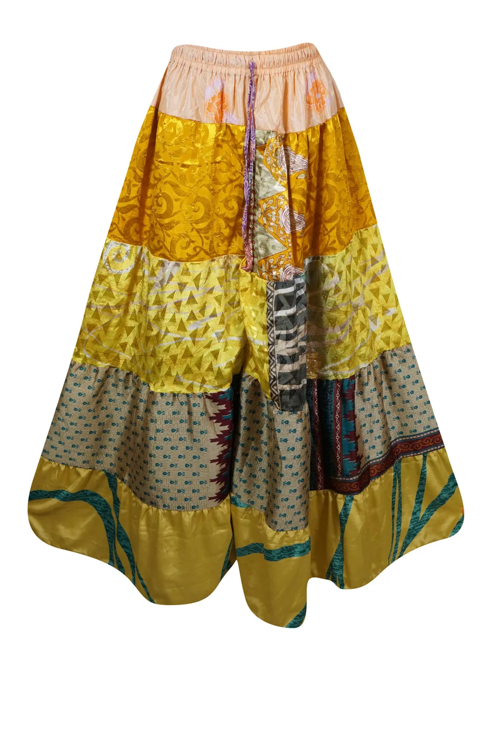 Flared Maxi Skirt in Honey Yellow Floral Patchwork Boho Hippie Maxi Skirt in S/M/L