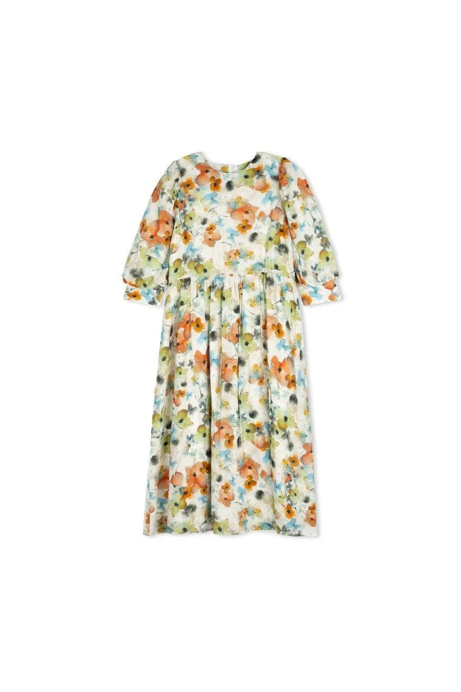 FLORAL BRUSHED SEAM WAISTED MIDI DRESS שמלה