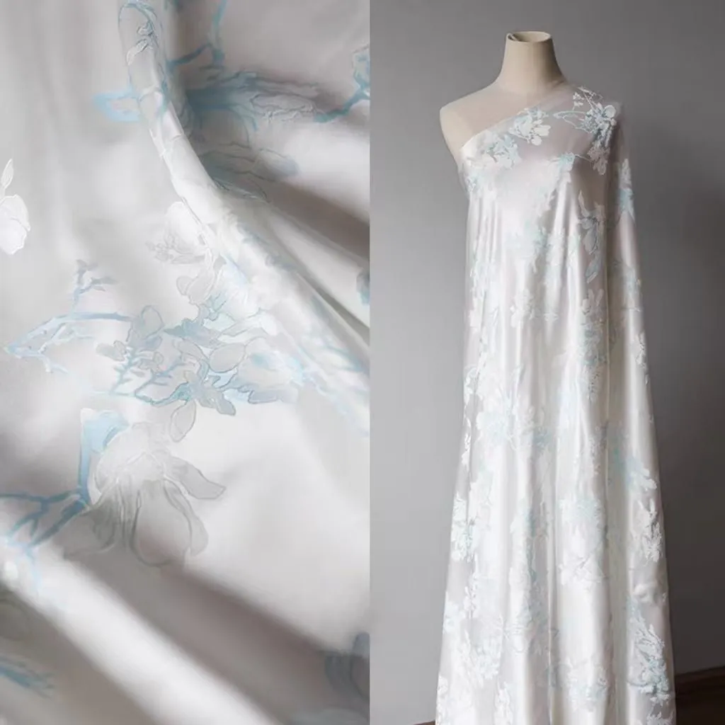 Floral Jacquard Silk Satin Blend in Soft White and Light Blue