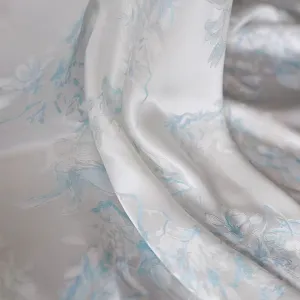 Floral Jacquard Silk Satin Blend in Soft White and Light Blue