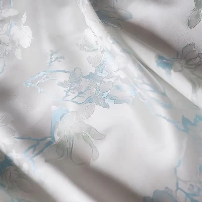Floral Jacquard Silk Satin Blend in Soft White and Light Blue
