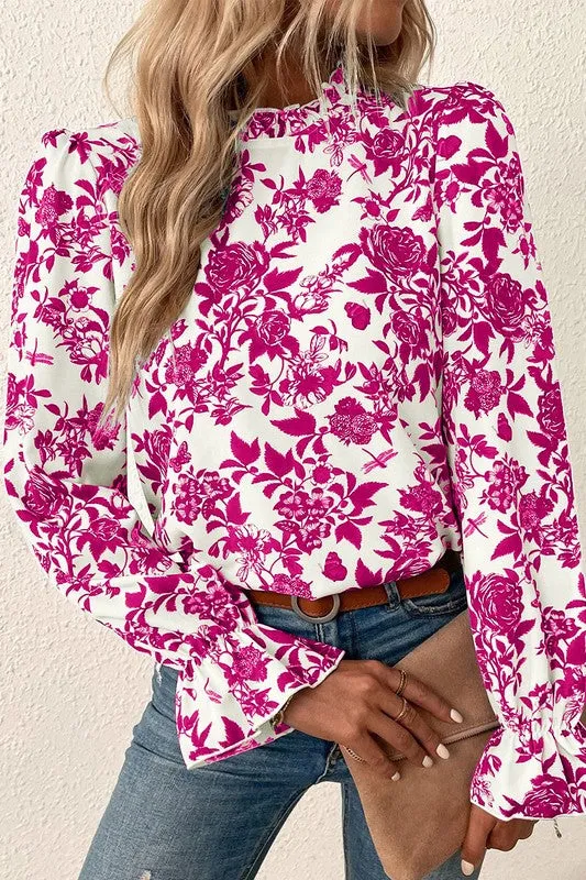 Floral Print Flounce Sleeve Keyhole Back Blouse