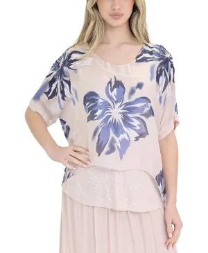 Floral Print Silk Top w/ Sequin Underlay