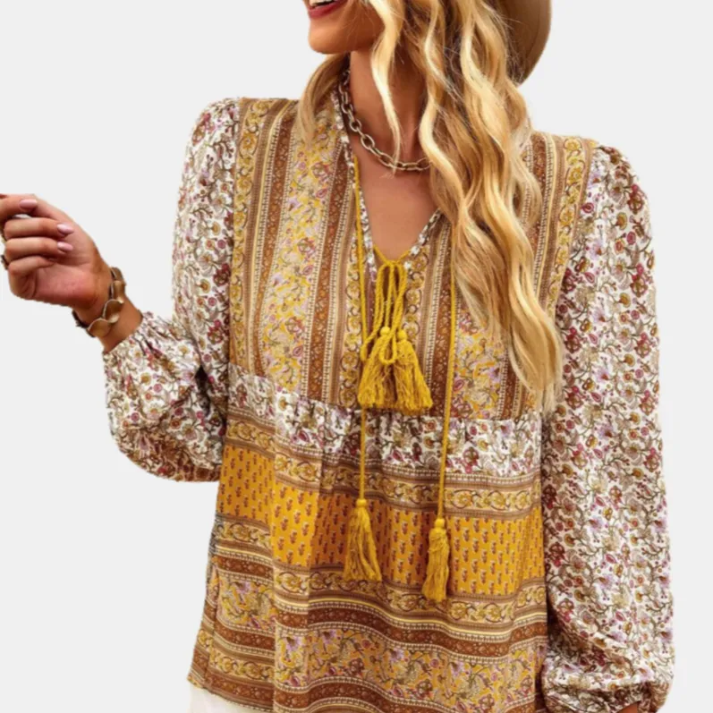 Floral Tie Neck with Tassels Blouse