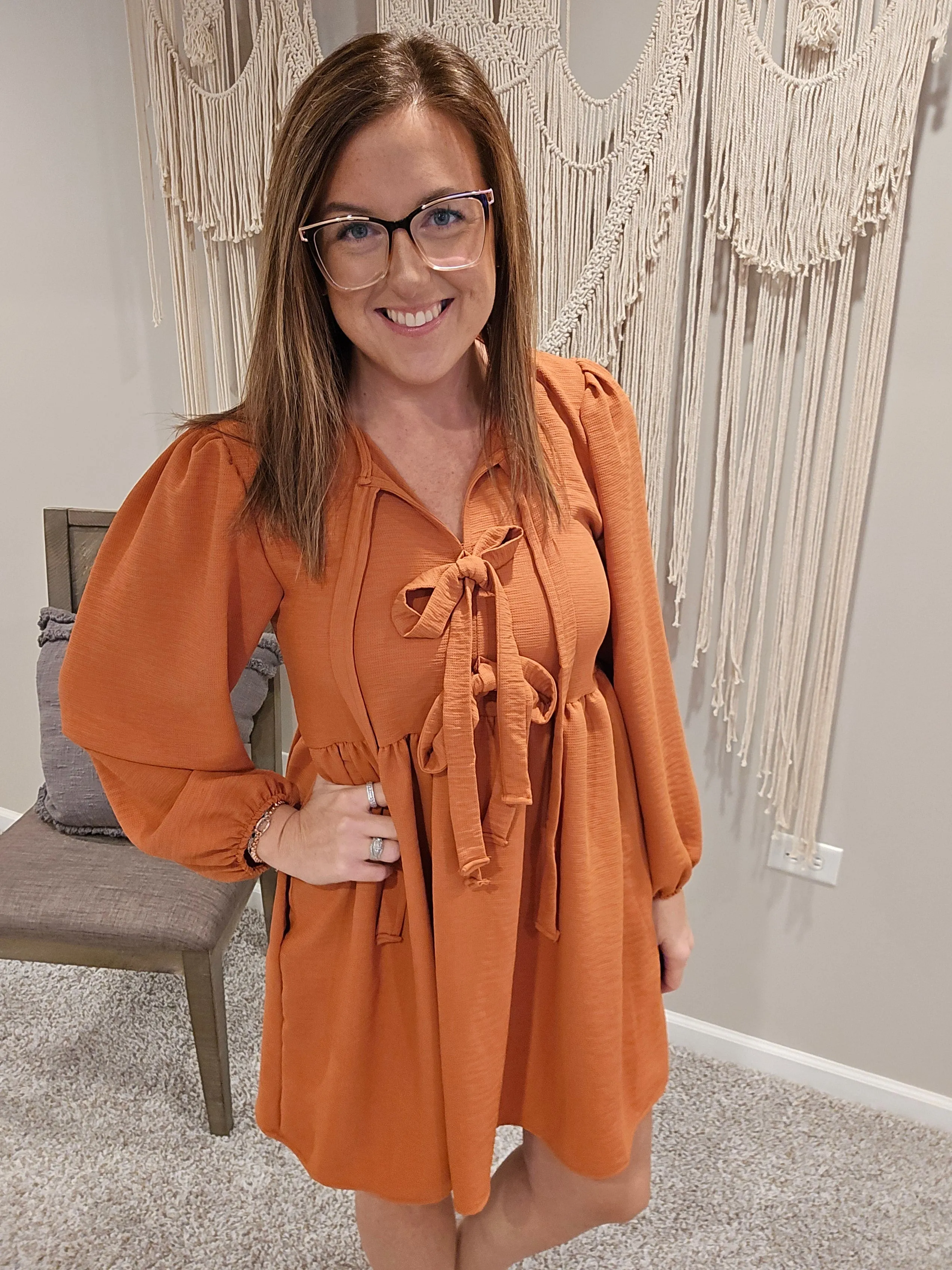 Front Ribbon Bow Tie Dress - Pumpkin
