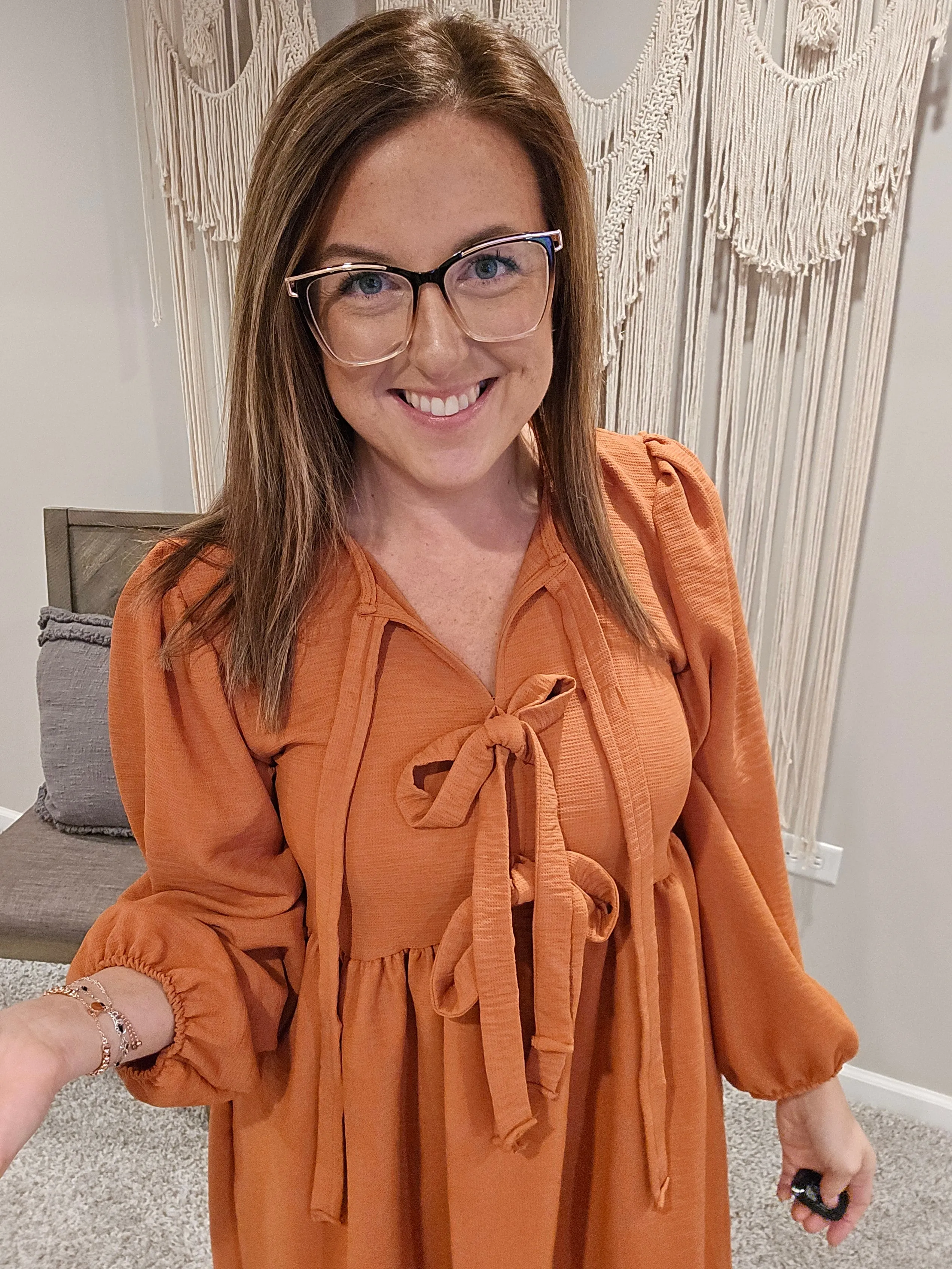 Front Ribbon Bow Tie Dress - Pumpkin
