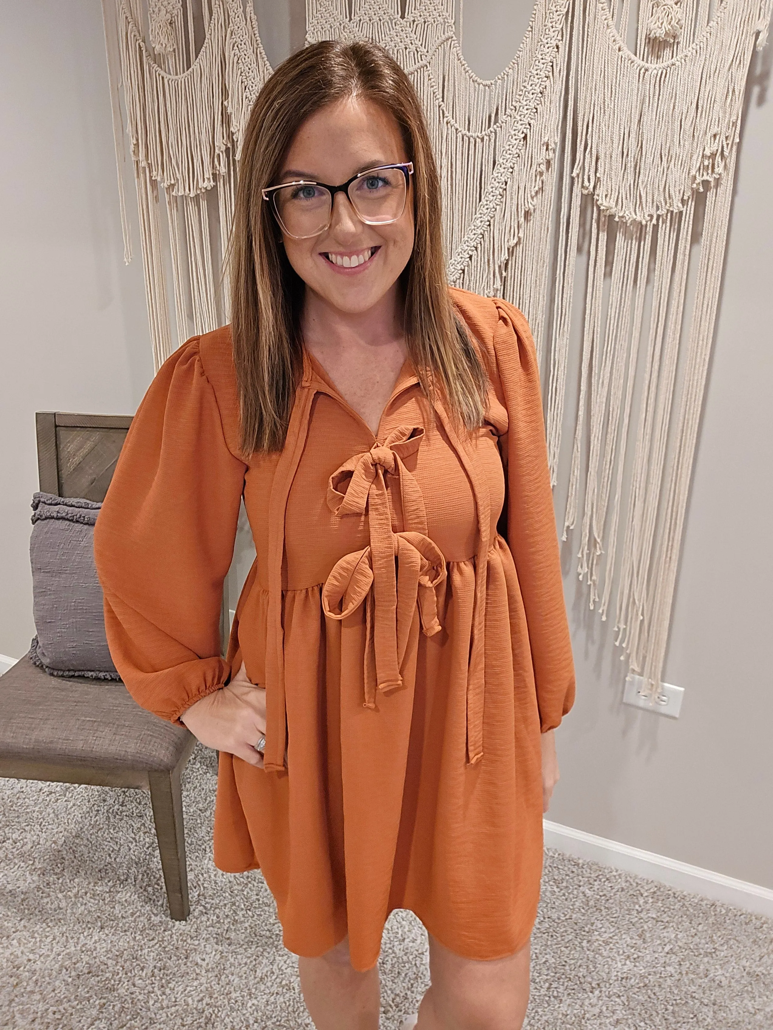 Front Ribbon Bow Tie Dress - Pumpkin