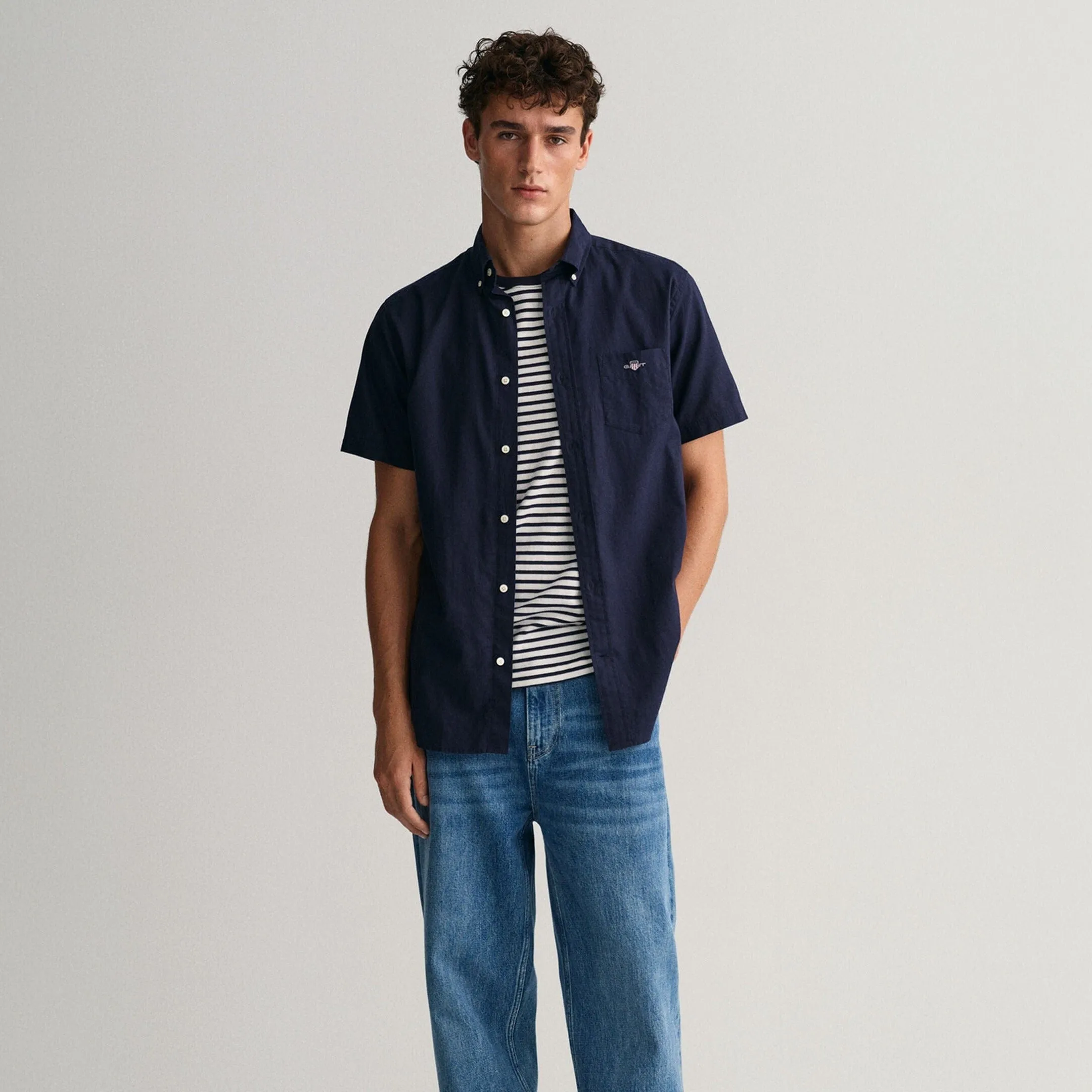 GANT Regular Fit Cotton Linen Short Sleeve Shirt Evening Blue