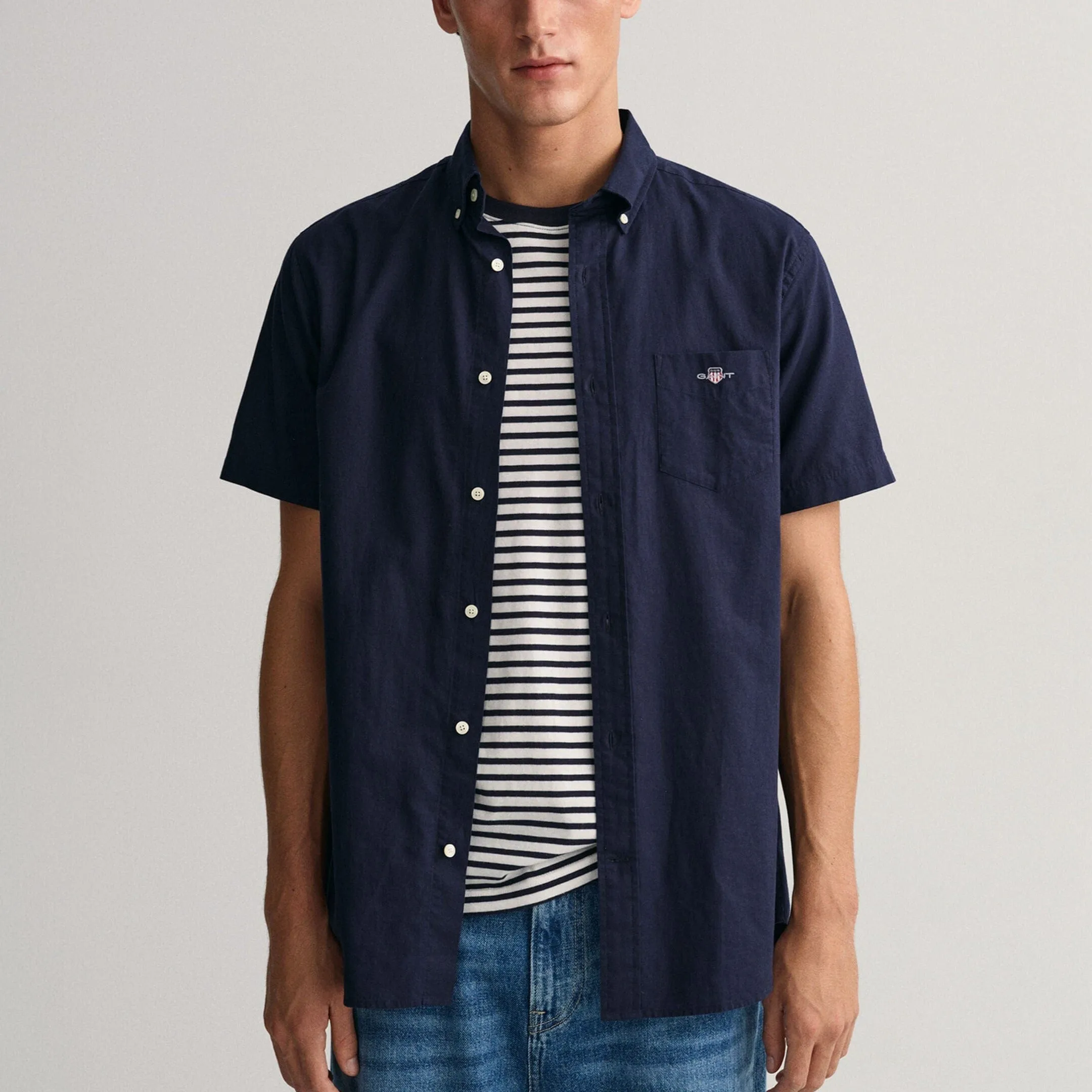 GANT Regular Fit Cotton Linen Short Sleeve Shirt Evening Blue