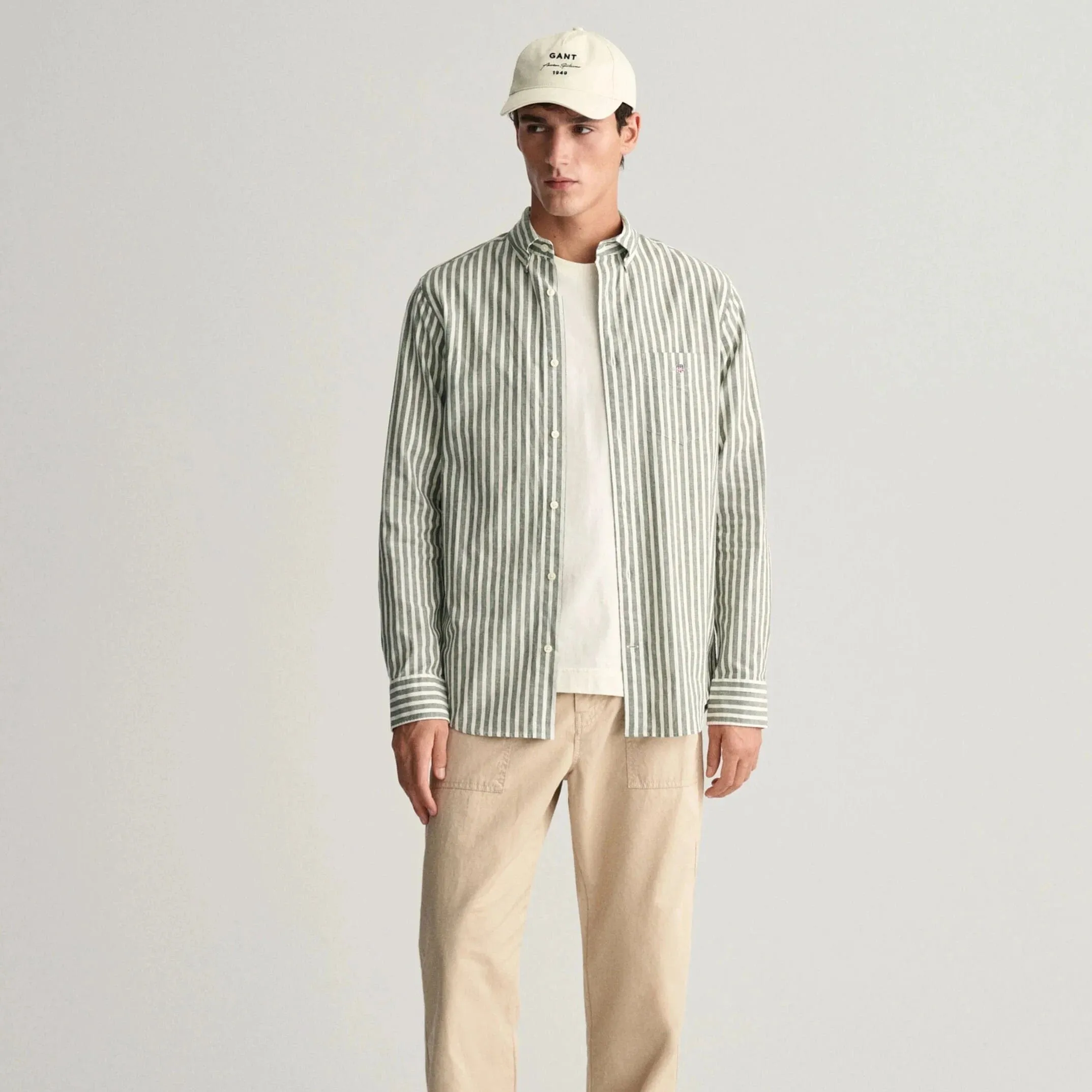 GANT Regular Fit Striped Cotton Linen Shirt in Pine Green