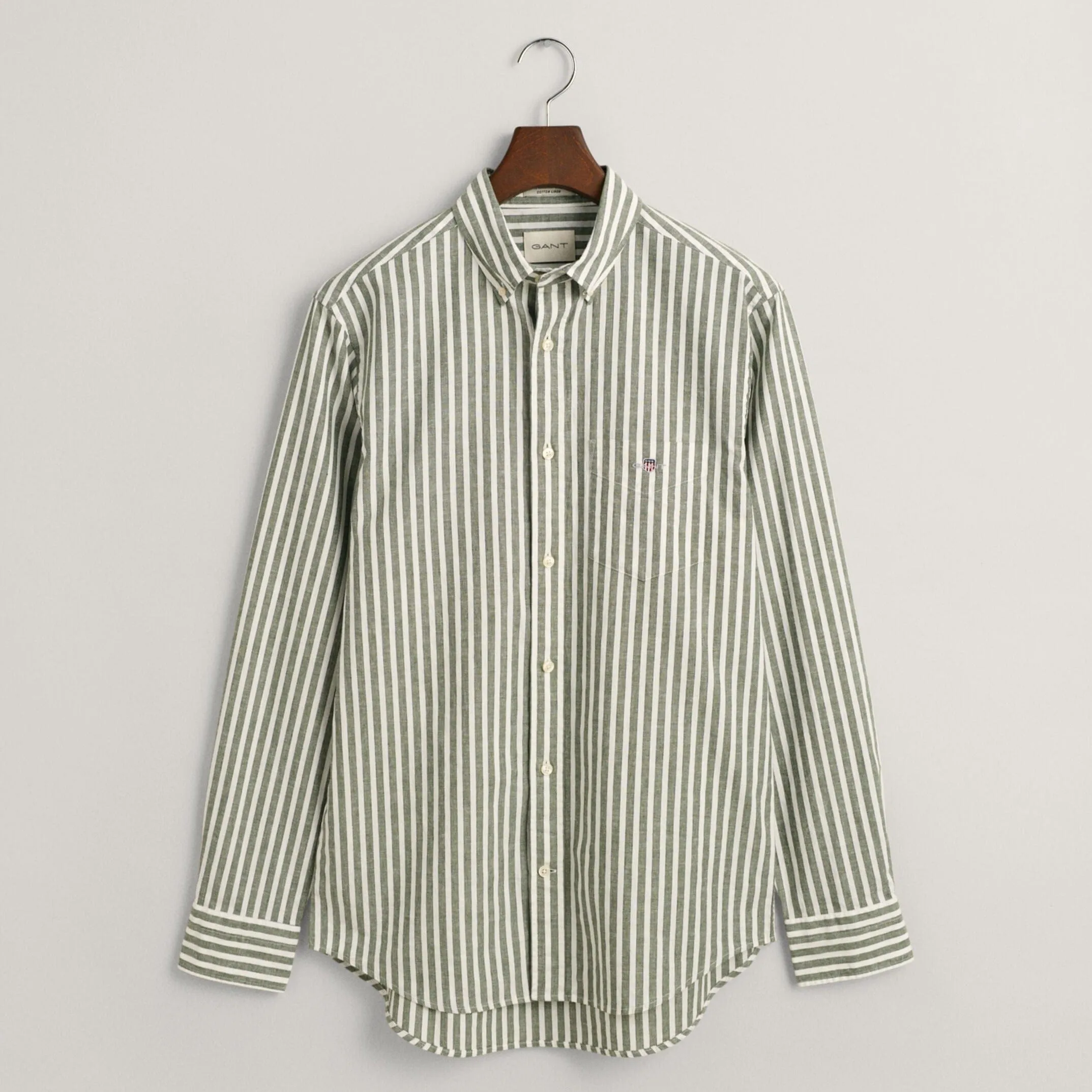 GANT Regular Fit Striped Cotton Linen Shirt in Pine Green