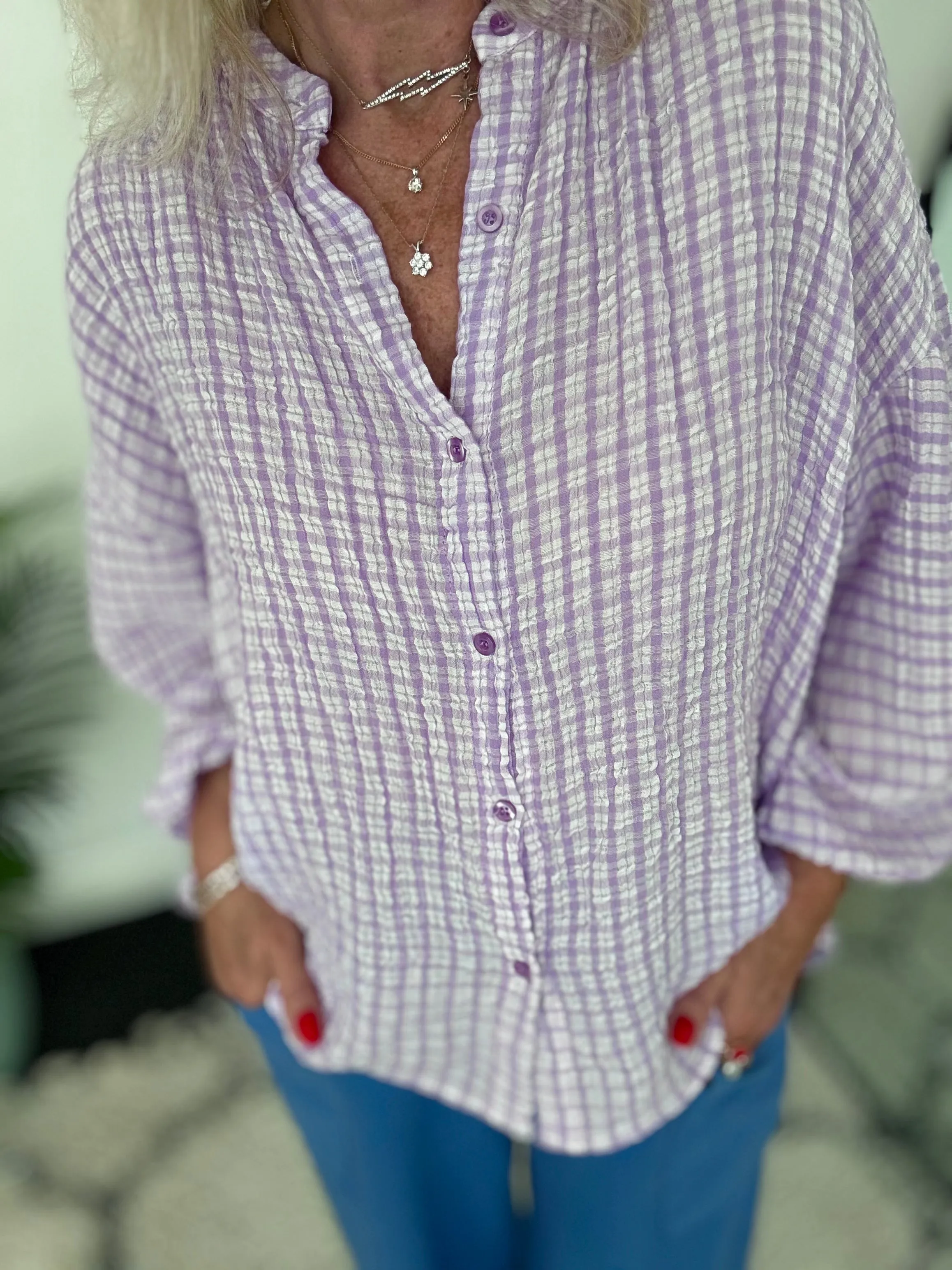 Gingham Seersucker Blouse in Lilac
