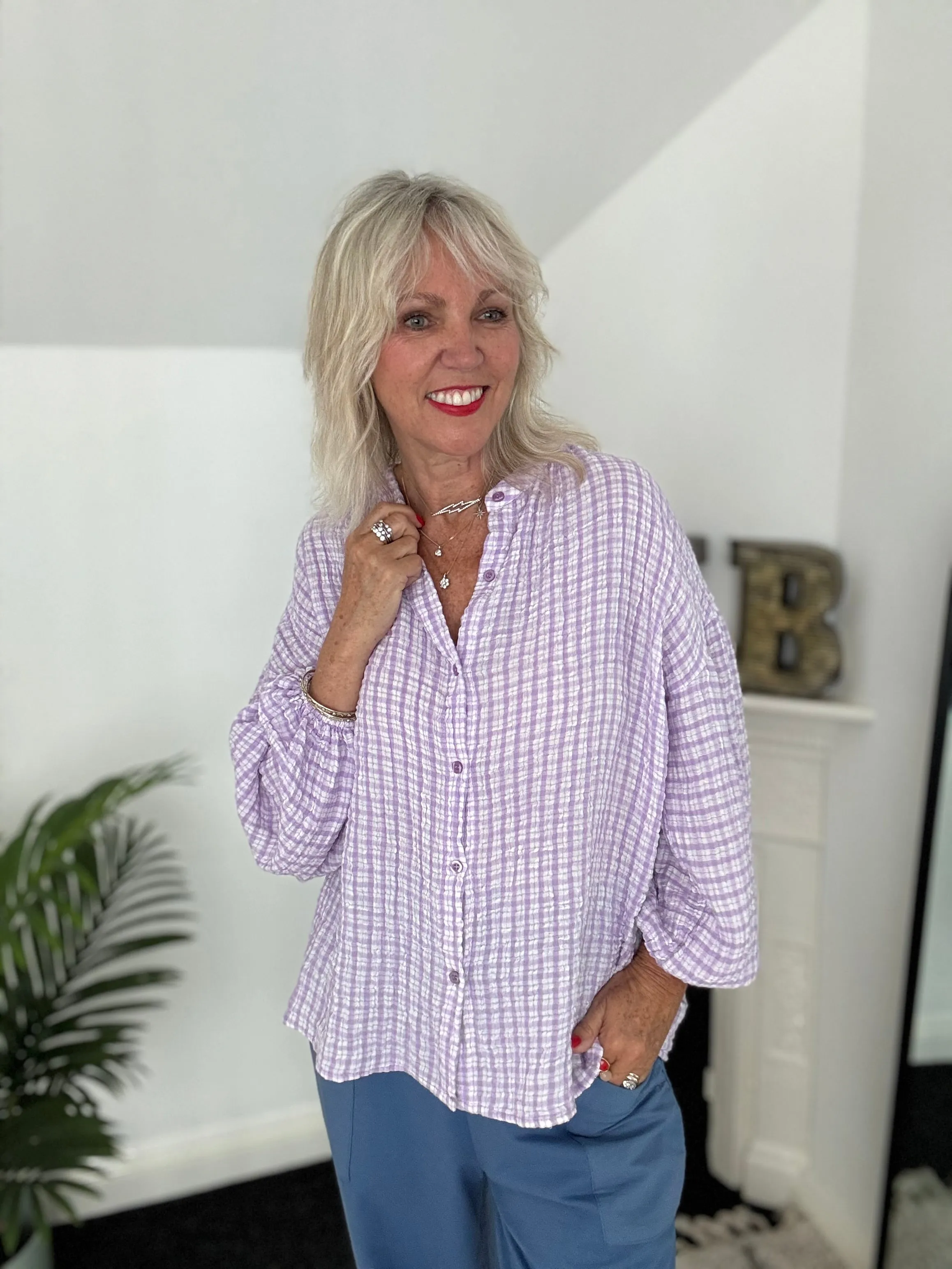 Gingham Seersucker Blouse in Lilac