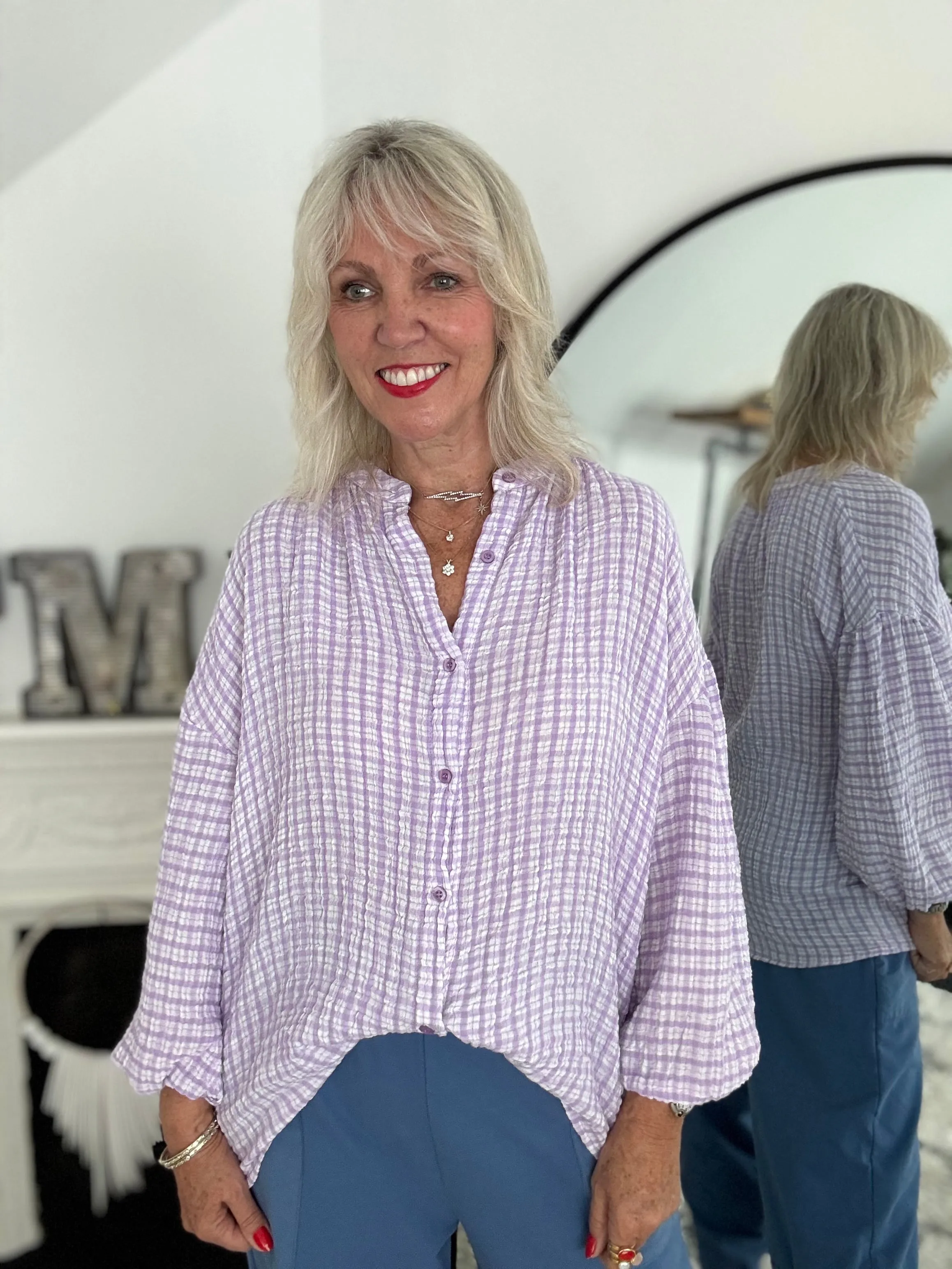 Gingham Seersucker Blouse in Lilac