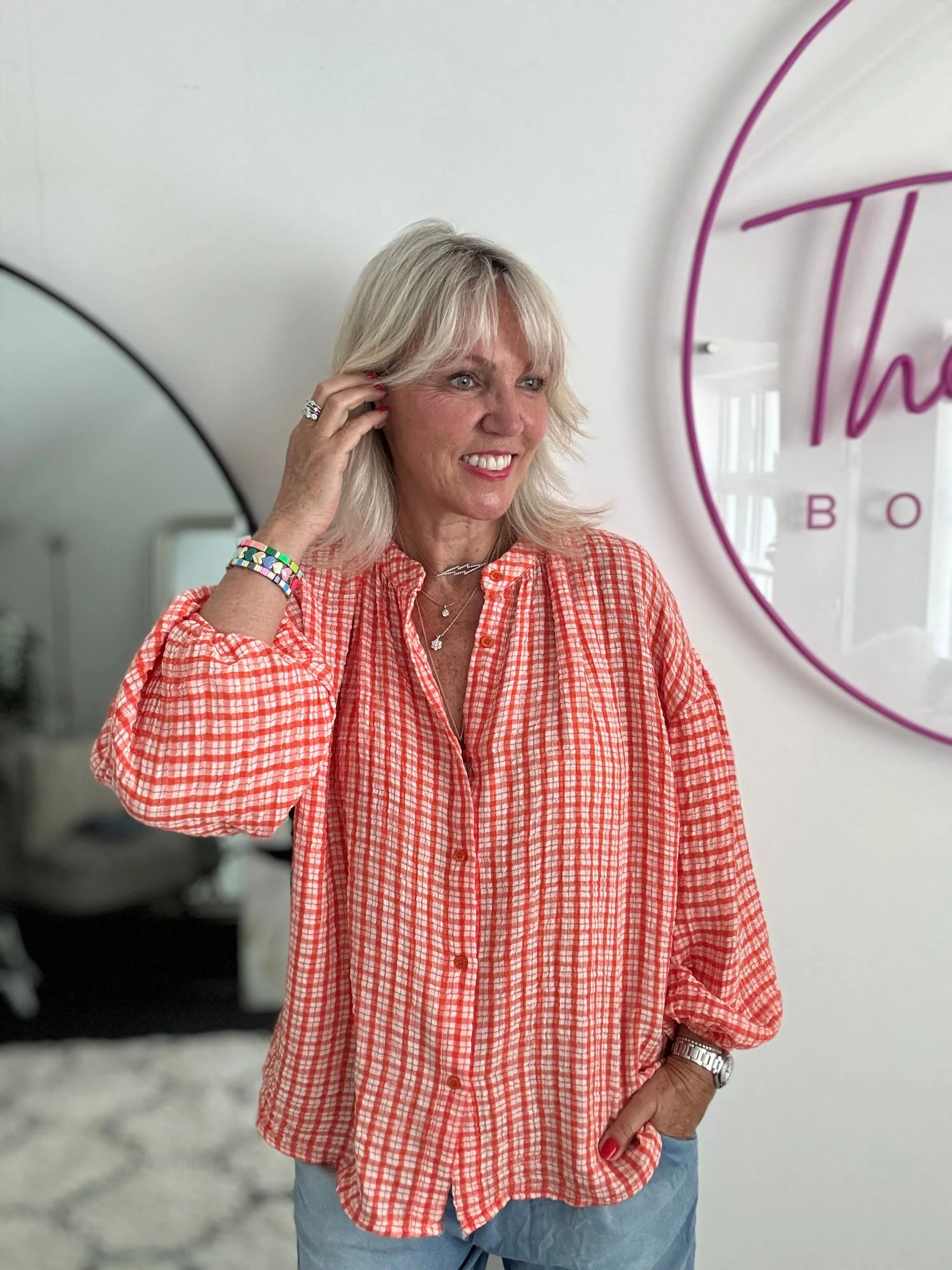 Gingham Seersucker Blouse in Orange