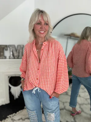 Gingham Seersucker Blouse in Orange