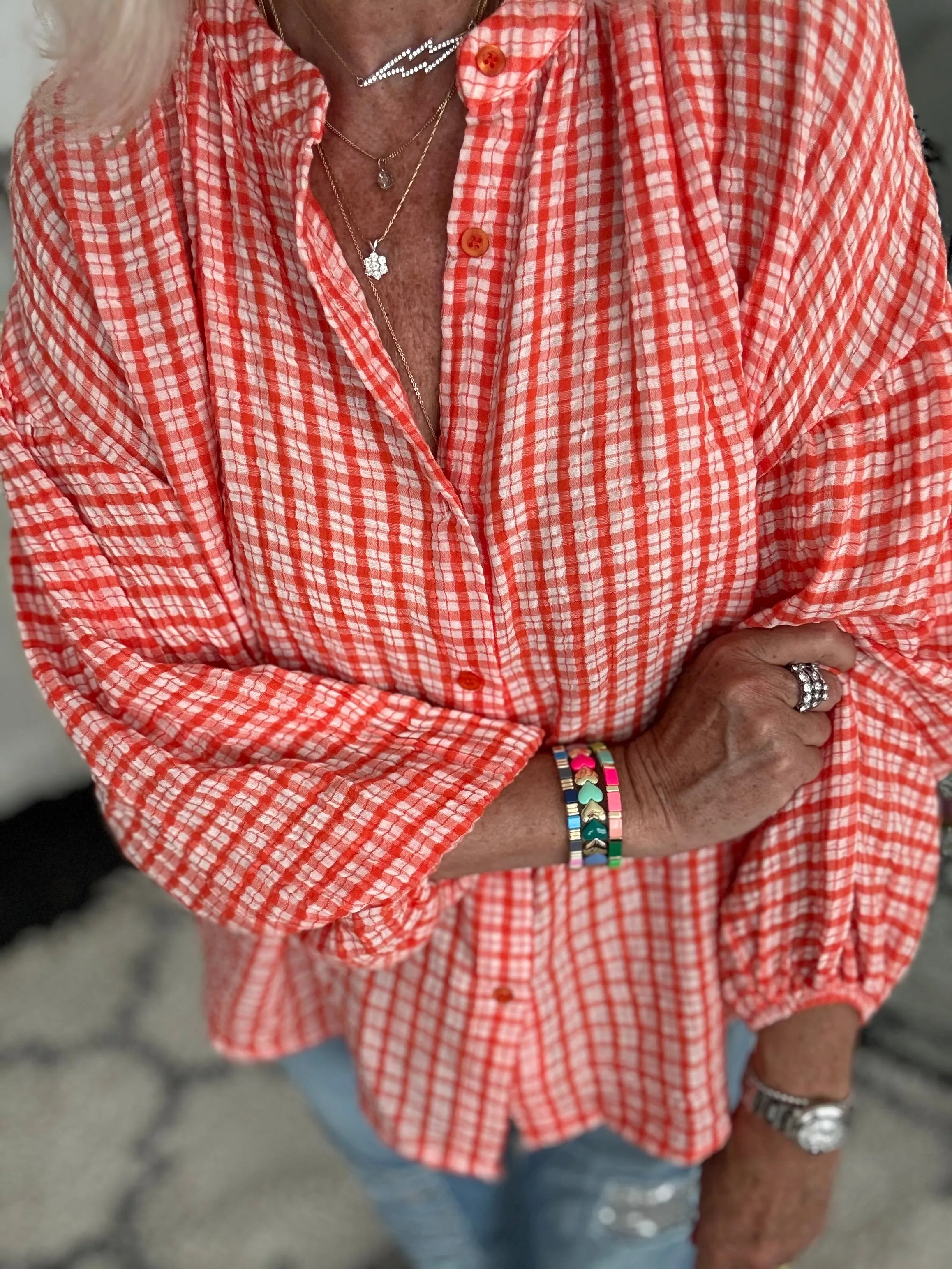 Gingham Seersucker Blouse in Orange