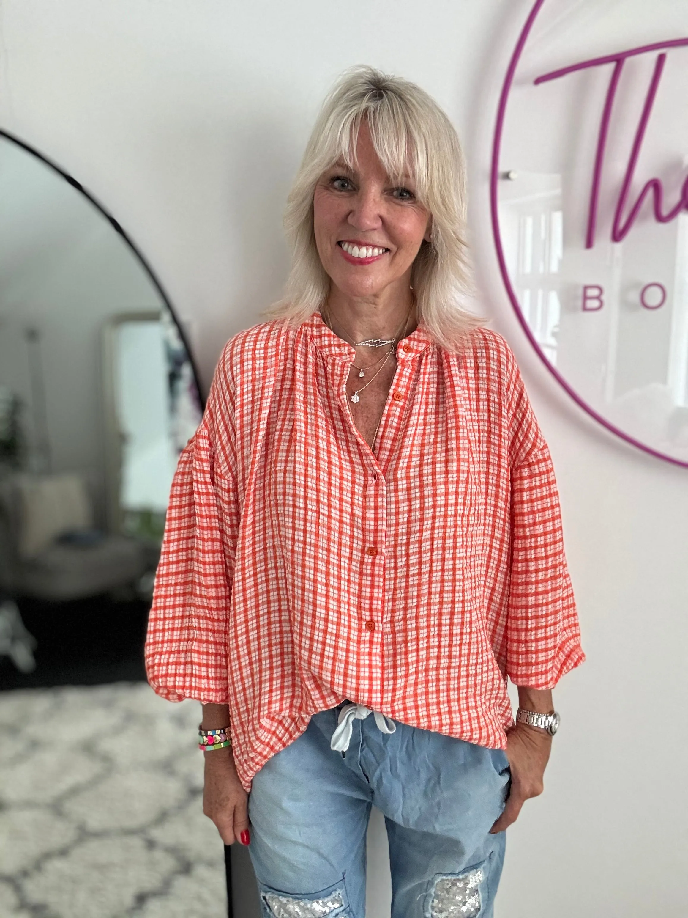 Gingham Seersucker Blouse in Orange