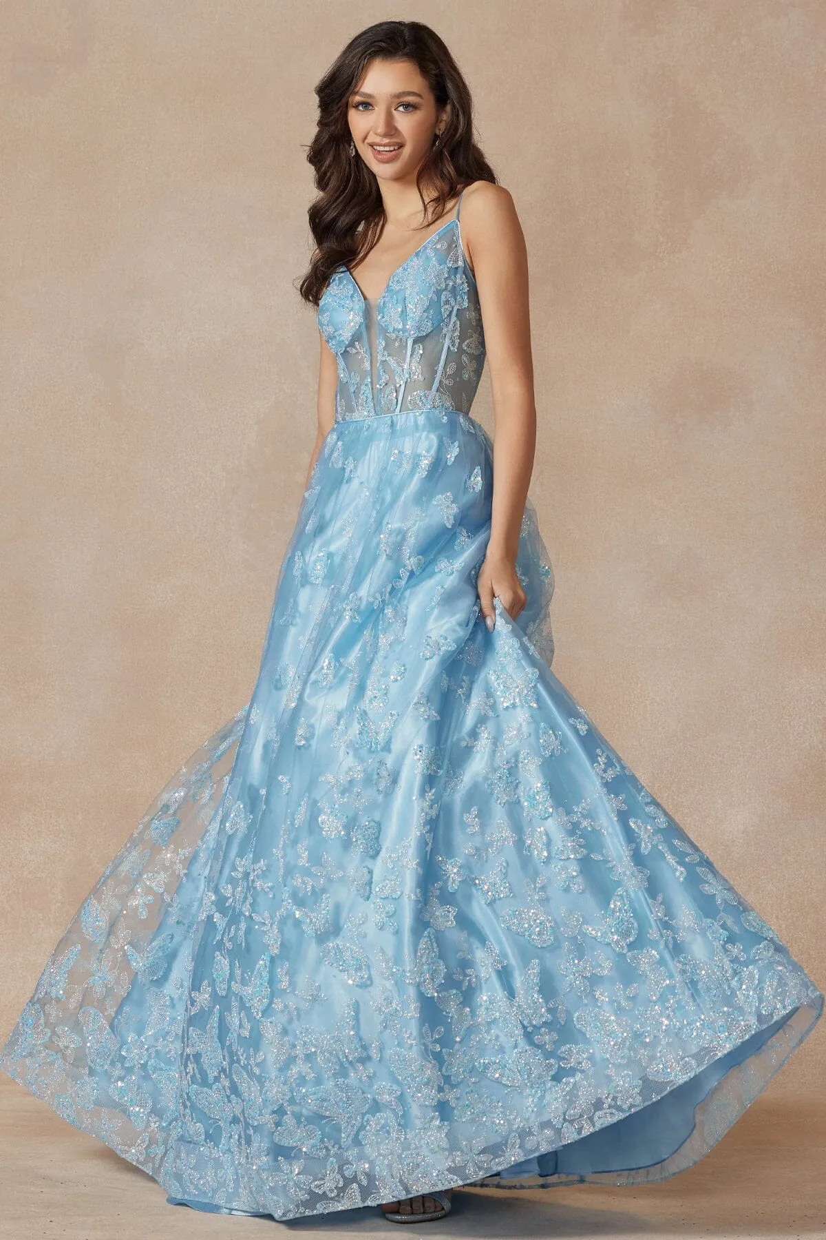 Glitter Butterfly Print Sleeveless Corset Gown by Juliet 2413