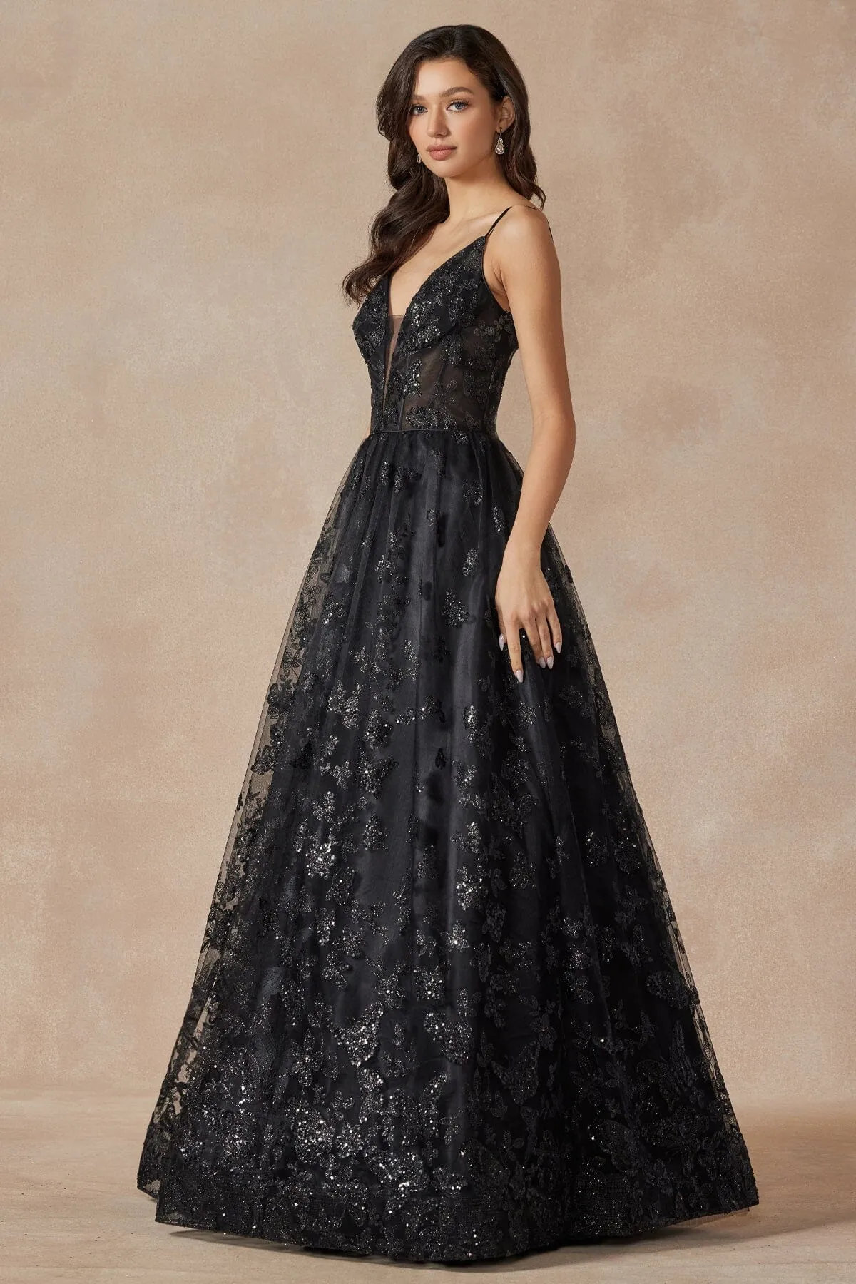 Glitter Butterfly Print Sleeveless Corset Gown by Juliet 2413