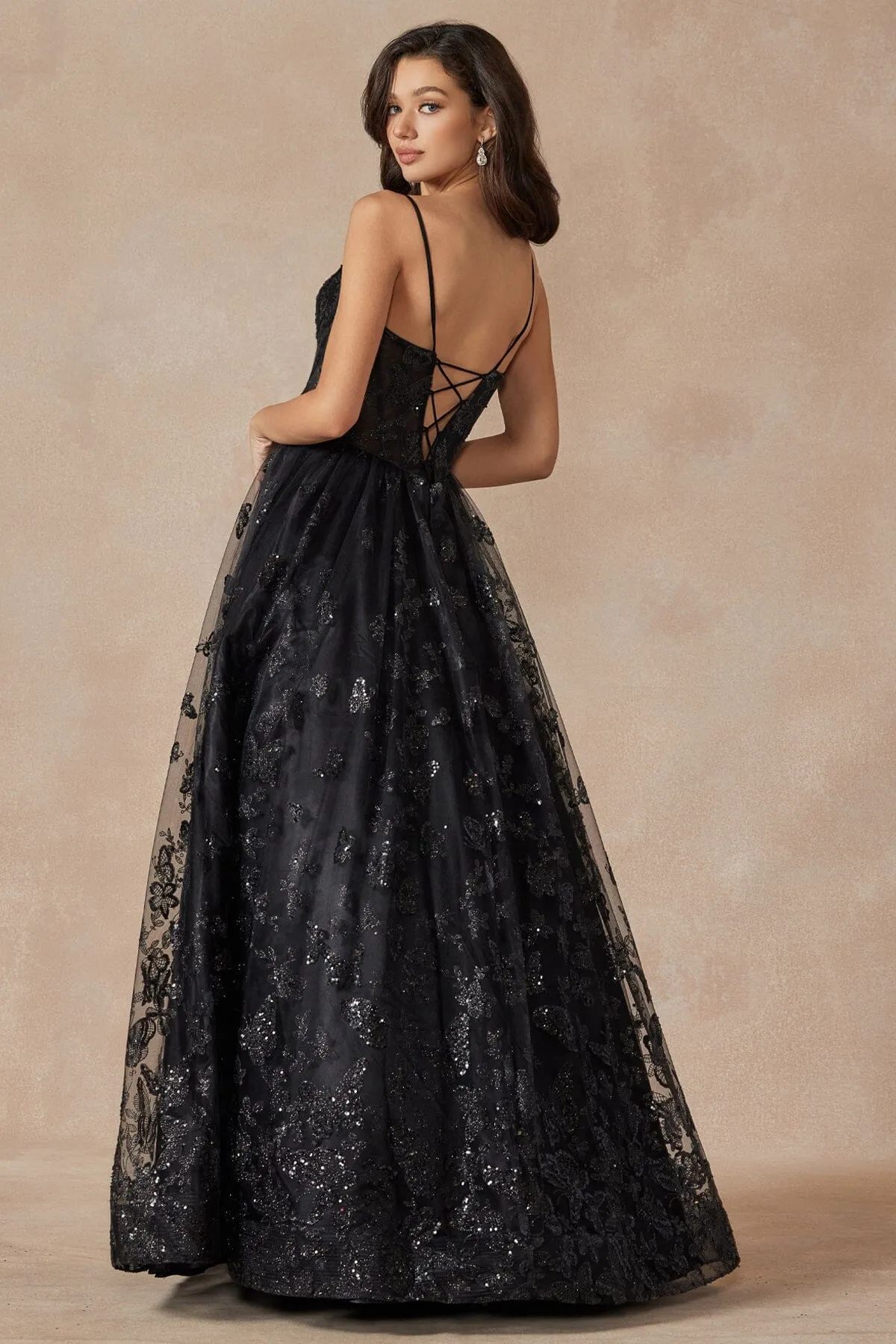 Glitter Butterfly Print Sleeveless Corset Gown by Juliet 2413