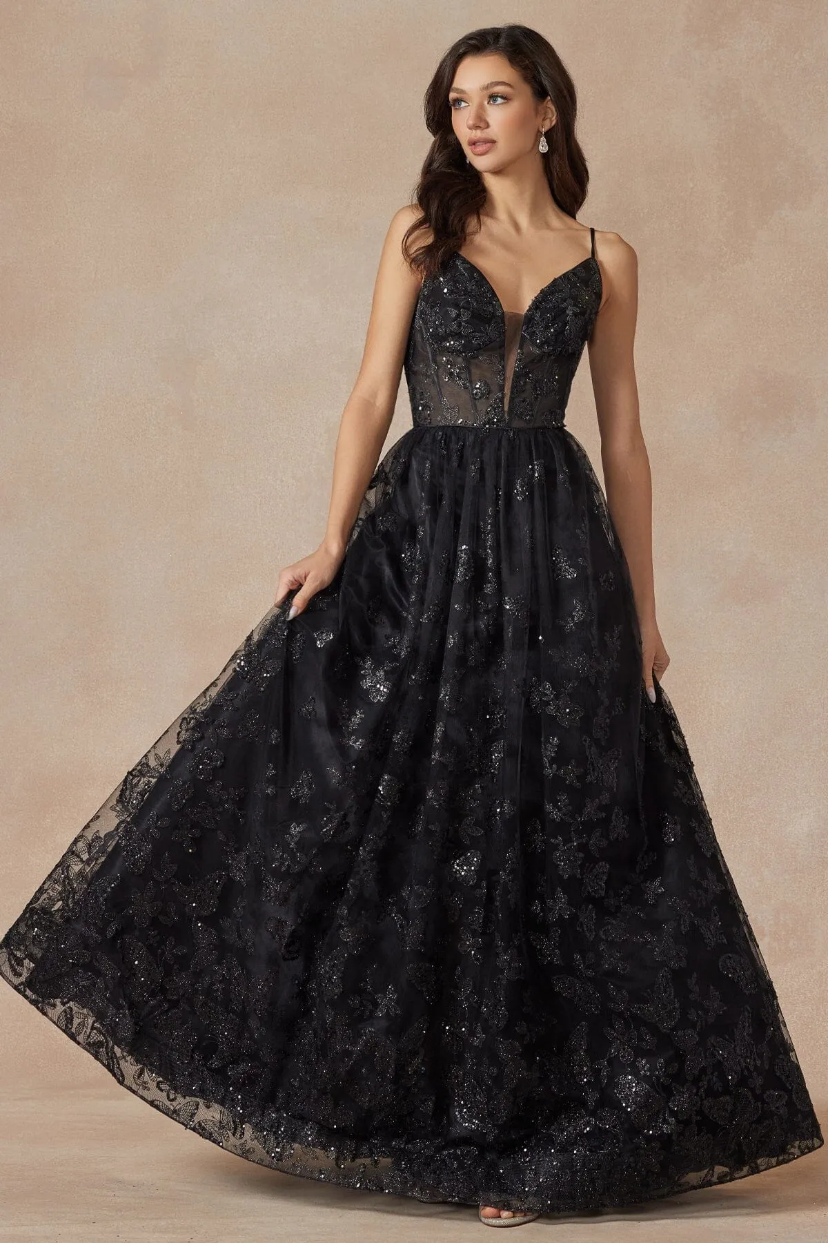 Glitter Butterfly Print Sleeveless Corset Gown by Juliet 2413