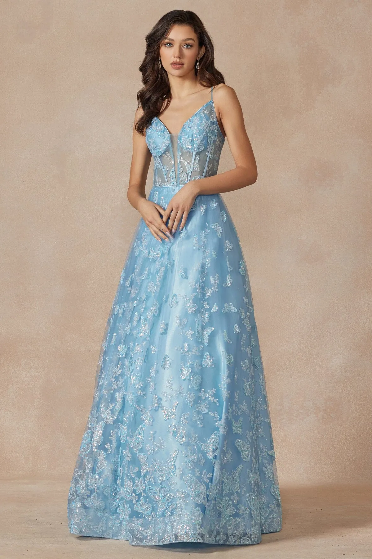 Glitter Butterfly Print Sleeveless Corset Gown by Juliet 2413