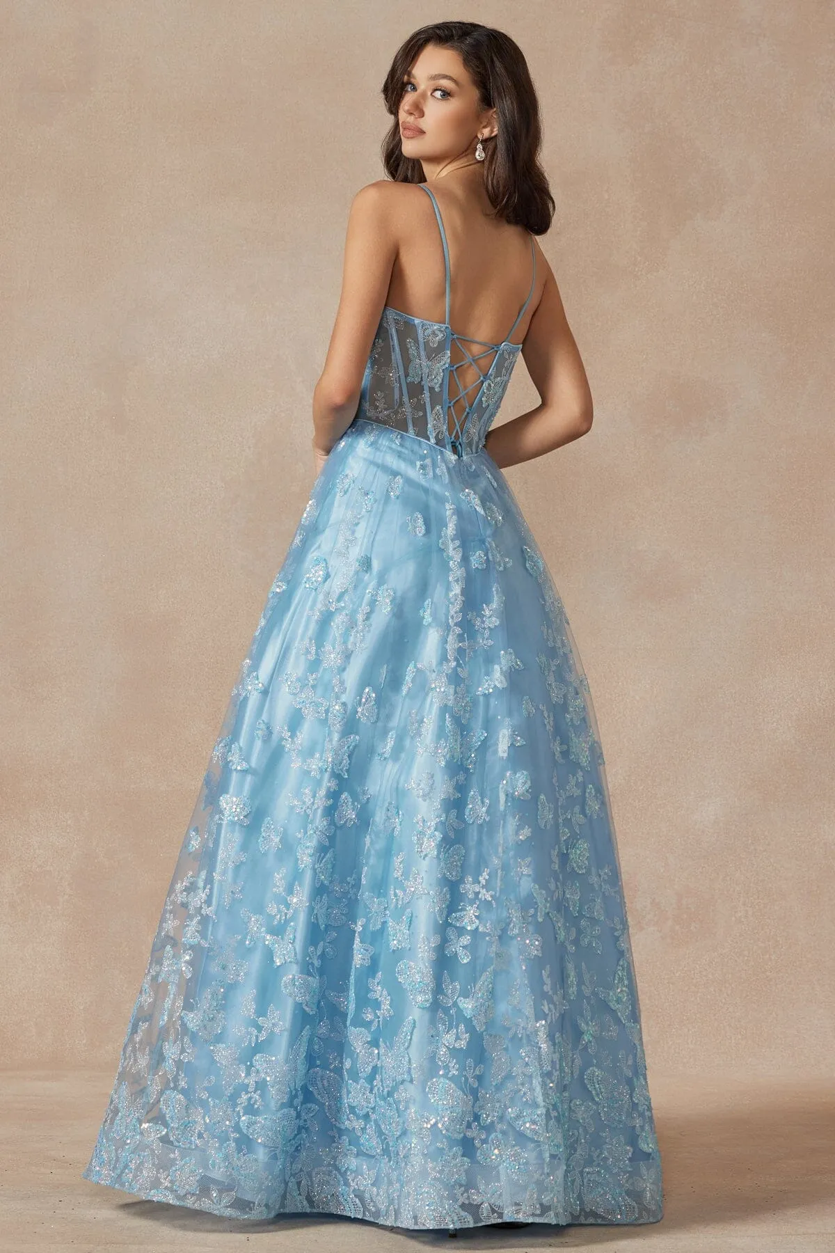 Glitter Butterfly Print Sleeveless Corset Gown by Juliet 2413